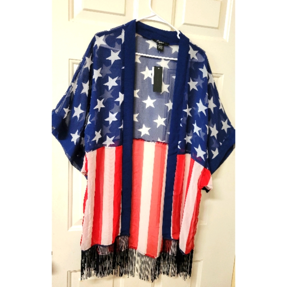 Cejon Patriotic Flag Star and Stripe Kimono Wrap Coverup with Fringe New